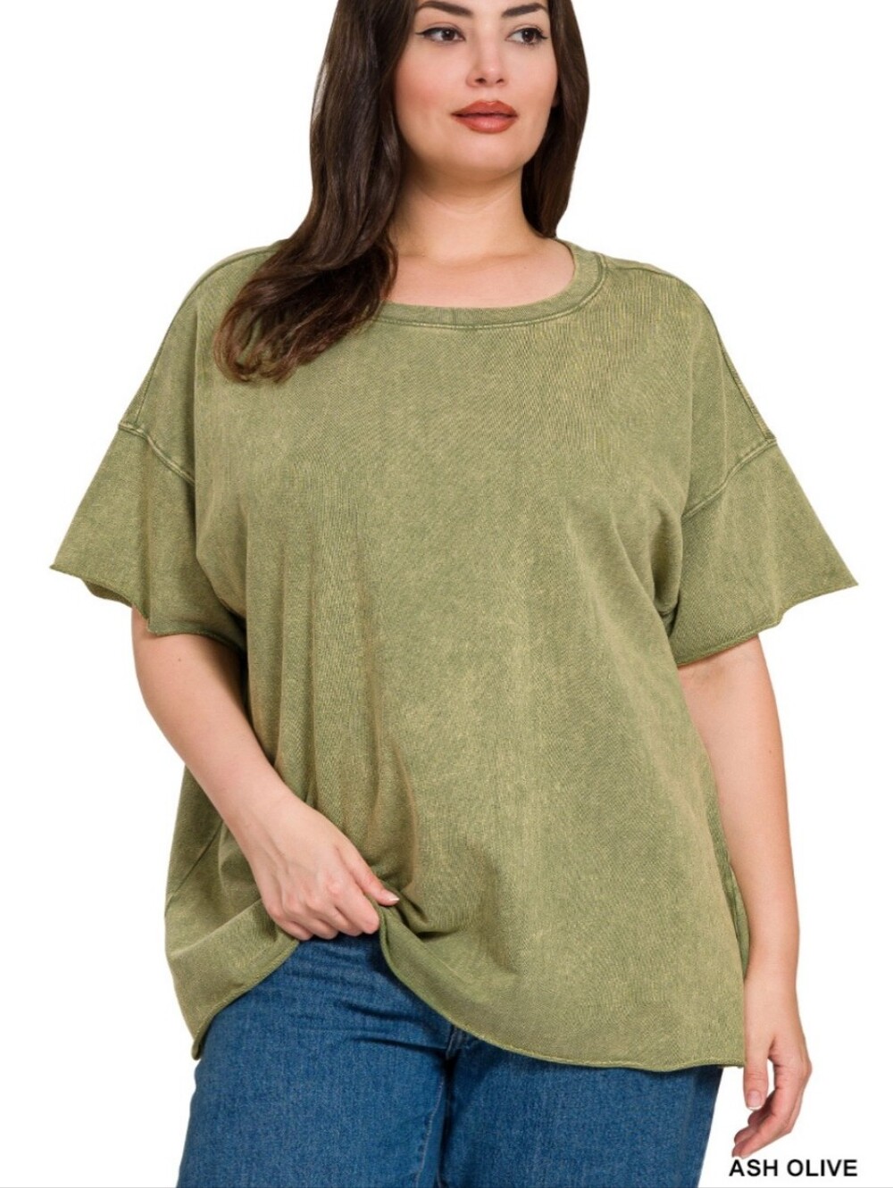 New Zenana Ash Olive Acid Wash French Terry Top Plus Size